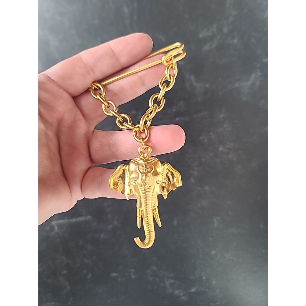 Gold Tone Elephant Head Shaped Safety Pin Brooch Vintage Costume Jewelry